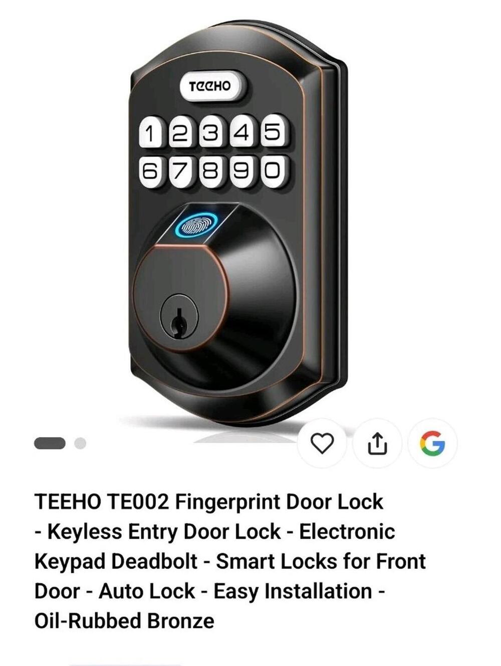 TEEHO TE002 Fingerprint Keyless Entry Door  Deadbolt W/Keypad(Oil-rubbed Bronze)